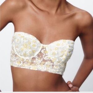 Zara White and Yellow Bandeau Top with Floral Lace